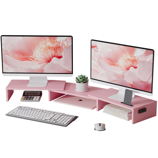 BONTEC Dual Monitor Stand Riser, Adjustable Length & Swivel Angle, Pink