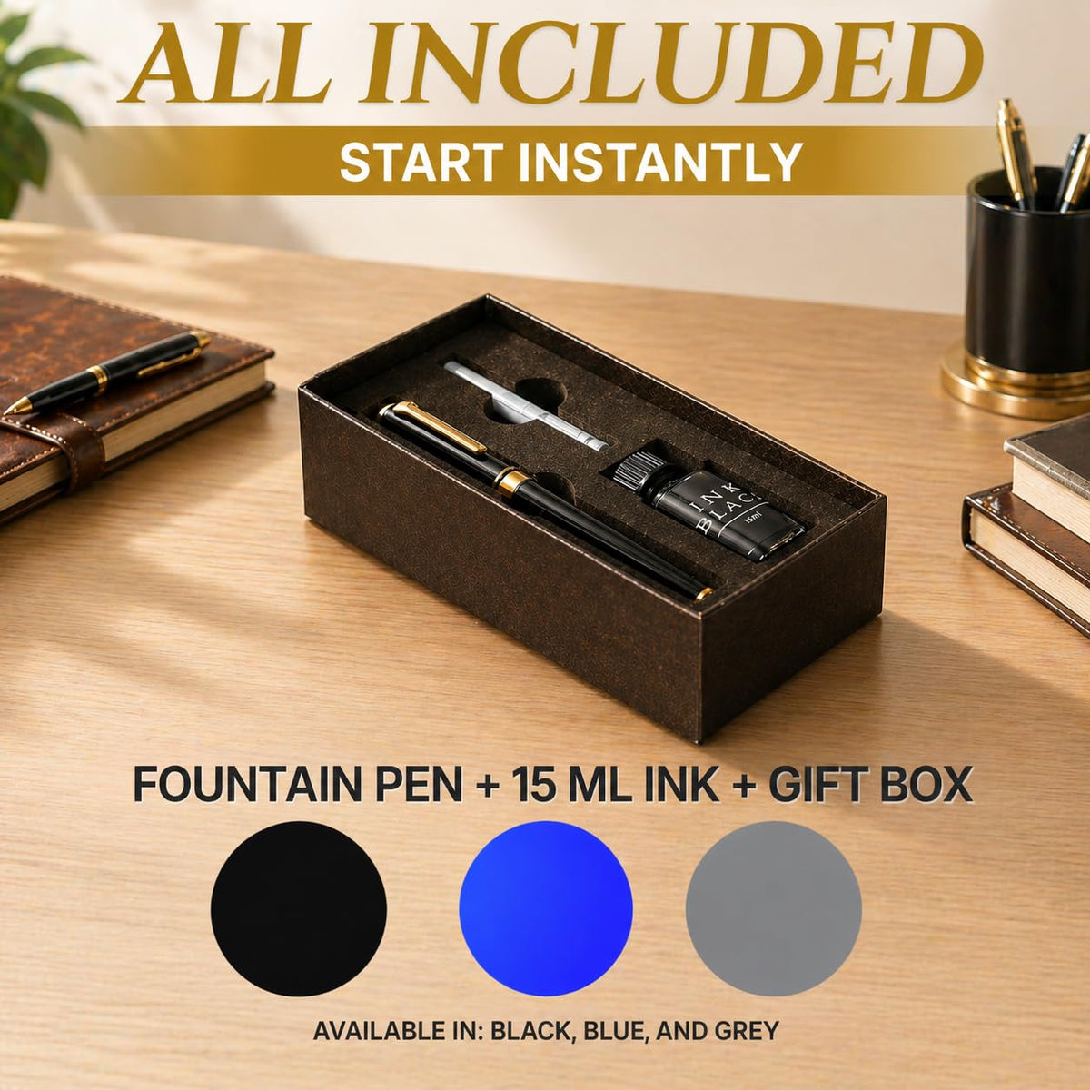 Château Avant Fountain Pen Set | Refillable Black Fountain Pen with Black Ink Bottle, Fine Nib, and