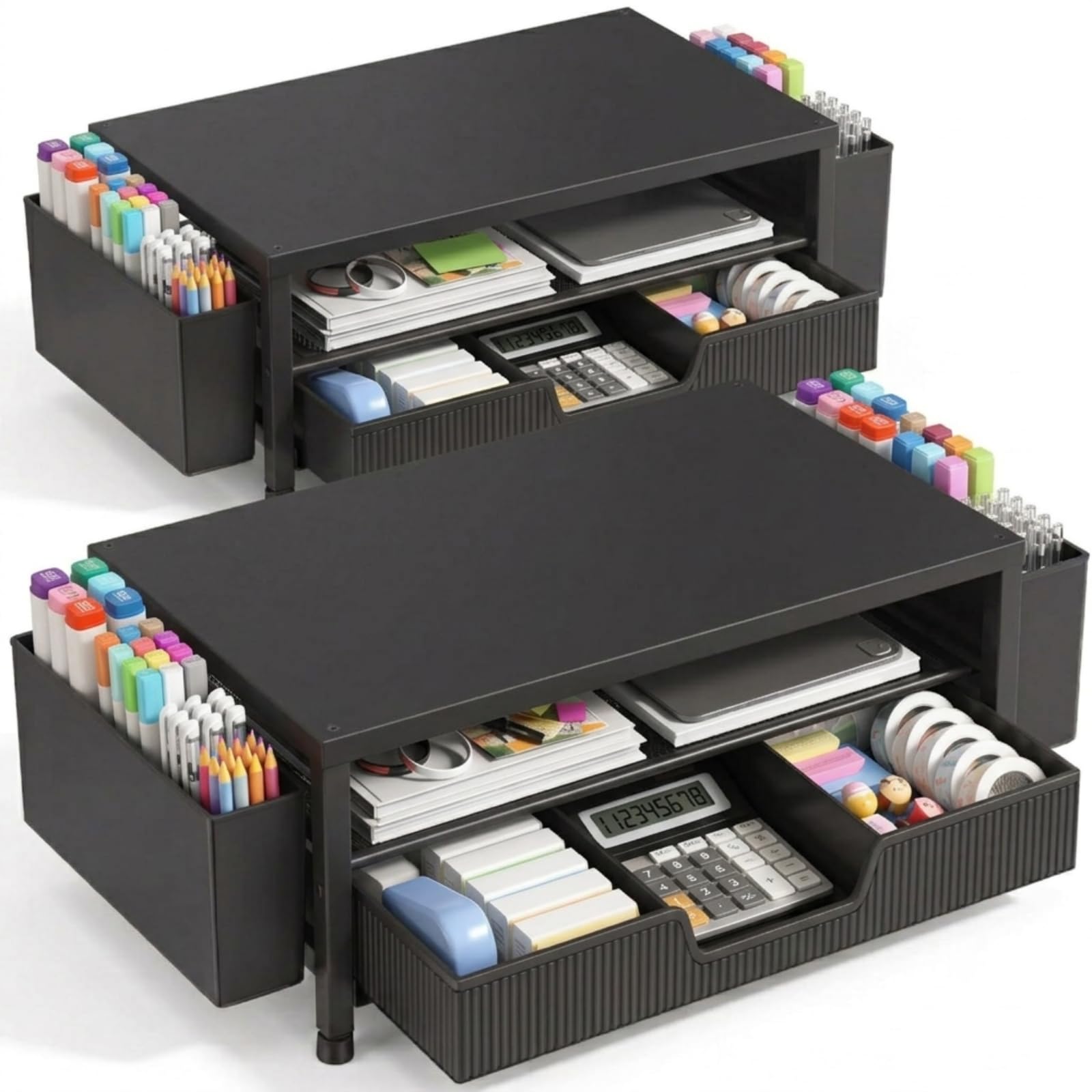 ECOLOVI Desk Organizer and Accessories, 2-Tier Computer Monitor Stand Rise with Storage Drawer & 2
