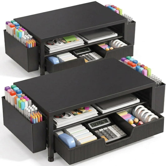 ECOLOVI Desk Organizer and Accessories, 2-Tier Computer Monitor Stand Rise with Storage Drawer & 2
