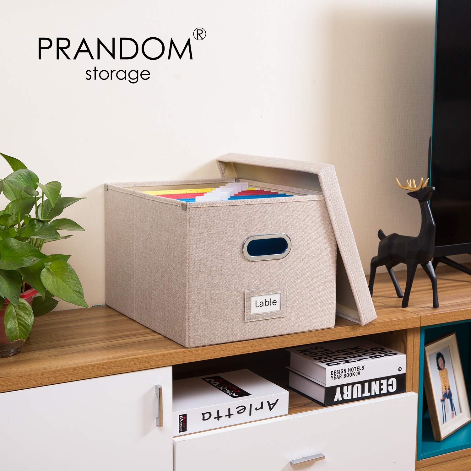 PRANDOM File Organizer Box - Set of 2 Collapsible Decorative Linen Filing Storage Hanging File