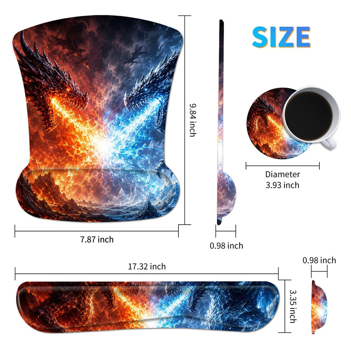 3-in-1 Ergonomic Memory Foam Keyboard Wrist Rest Pad Set, Fire Ice Dragon