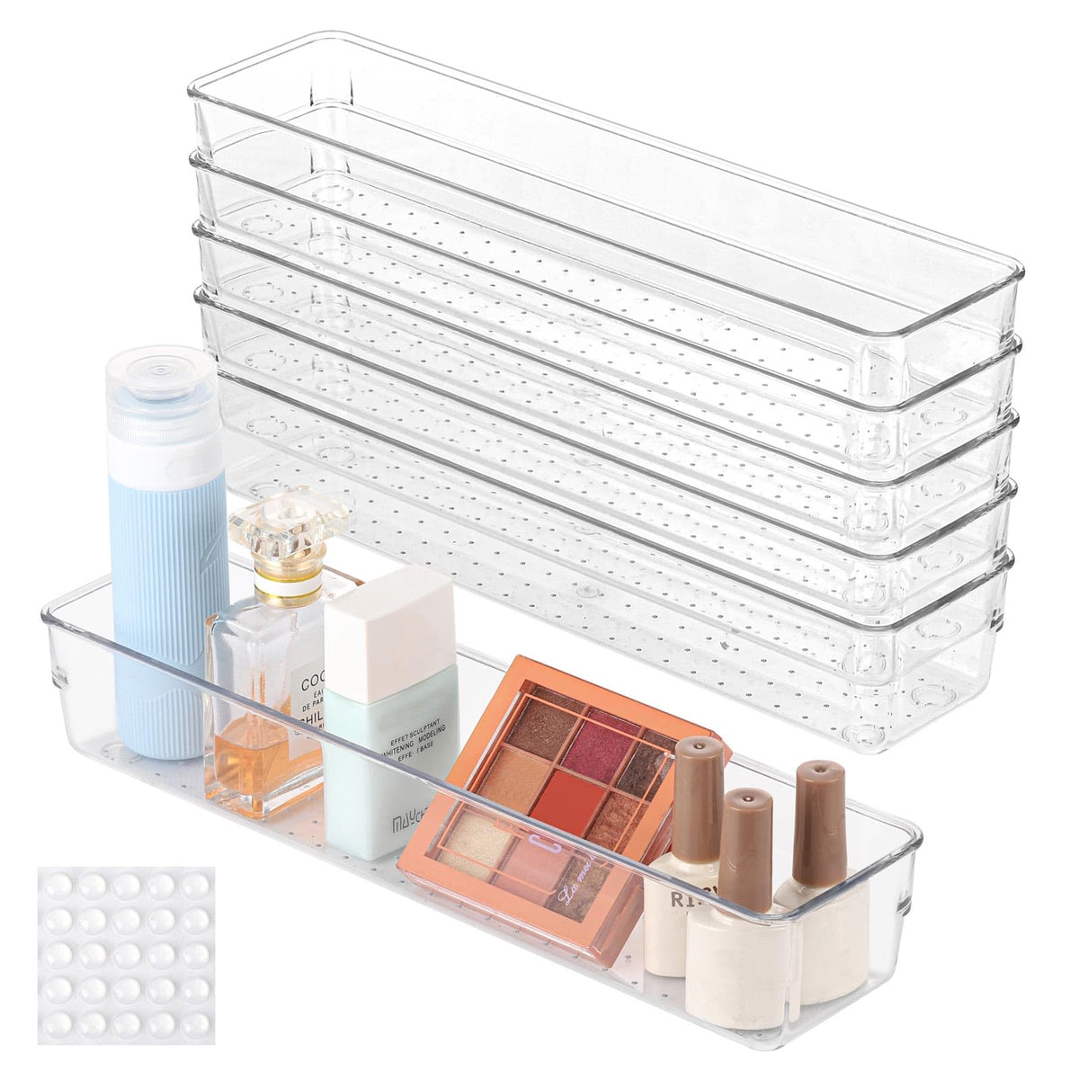 Ohlove 6 Pcs Large Clear Plastic Drawer Organizers Tray 12"x3" Storage Bins with 25 Pcs Non-Slip