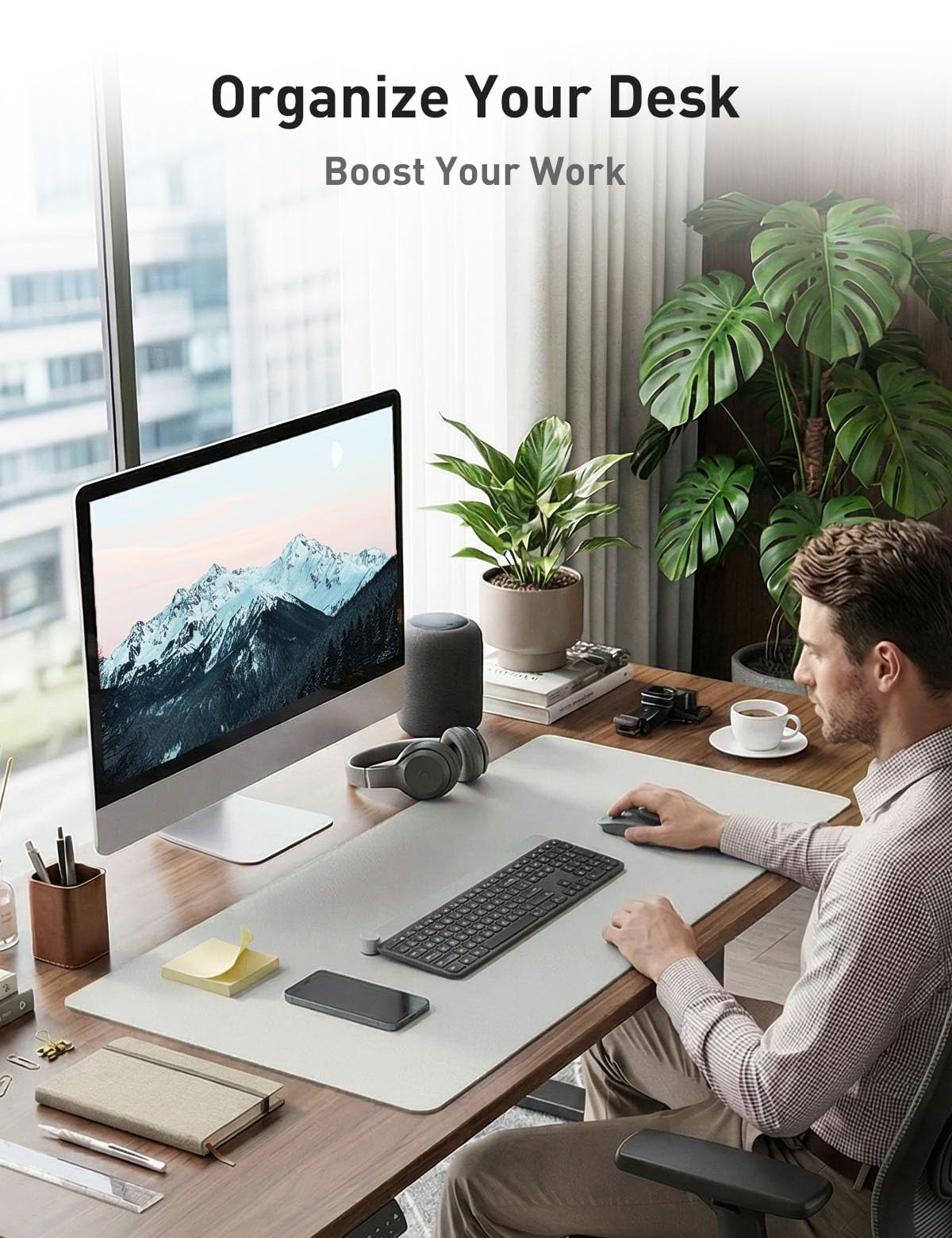 Aothia Faux Leather Desk Mat - Non-Slip PU Leather Desk Blotter, Waterproof Writing Surface, Large