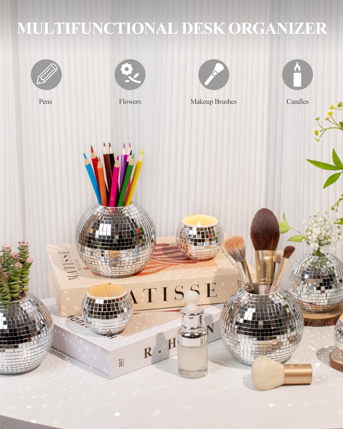 RGBDOT Disco Ball Pencil Holder for Desk - Pen & Makeup Brush Organizer with Silver Sequins, Disco