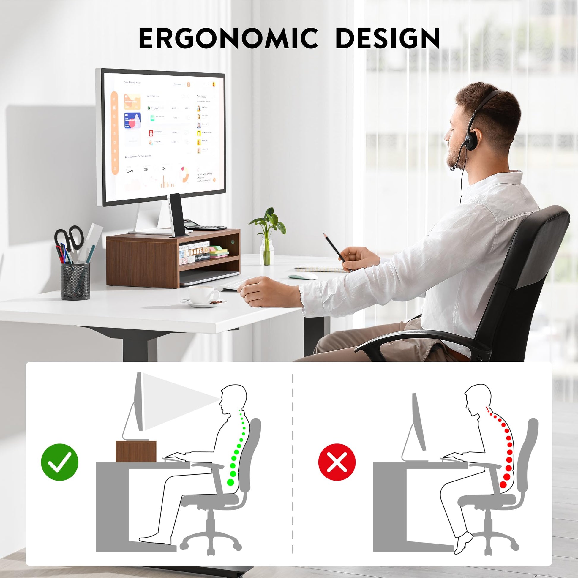 BONTEC Wooden Monitor Stand Riser for Desk, 2-Tier Computer Monitor Stand