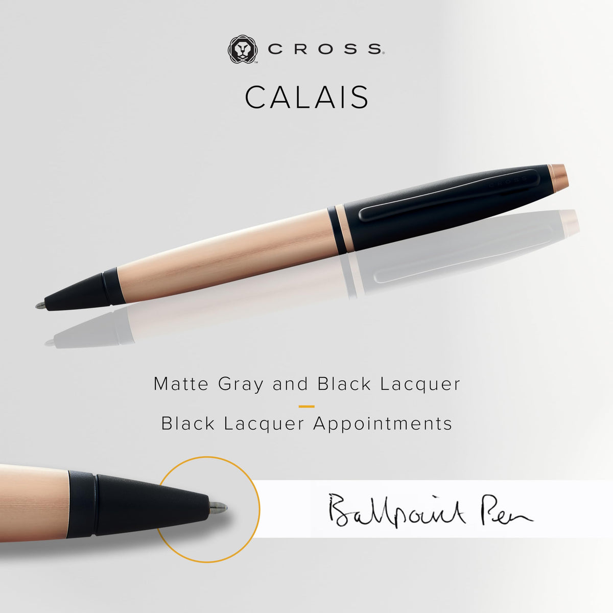 Cross Calais Ballpoint Pen, Brushed Rose Gold & Black Lacquer, Black Ink