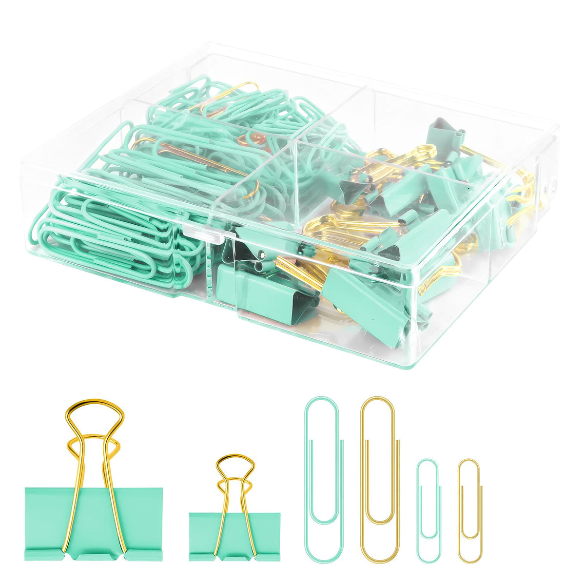 Creechwa Paper Clips and Binder Clips Set, Green & Gold, Assorted Size Clips