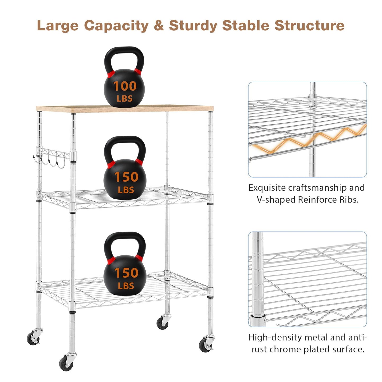 BolDuck 450Lbs Capacity Microwave Cart with Wheels, 3 Tier Rolling Cart with Adjustable Shelves
