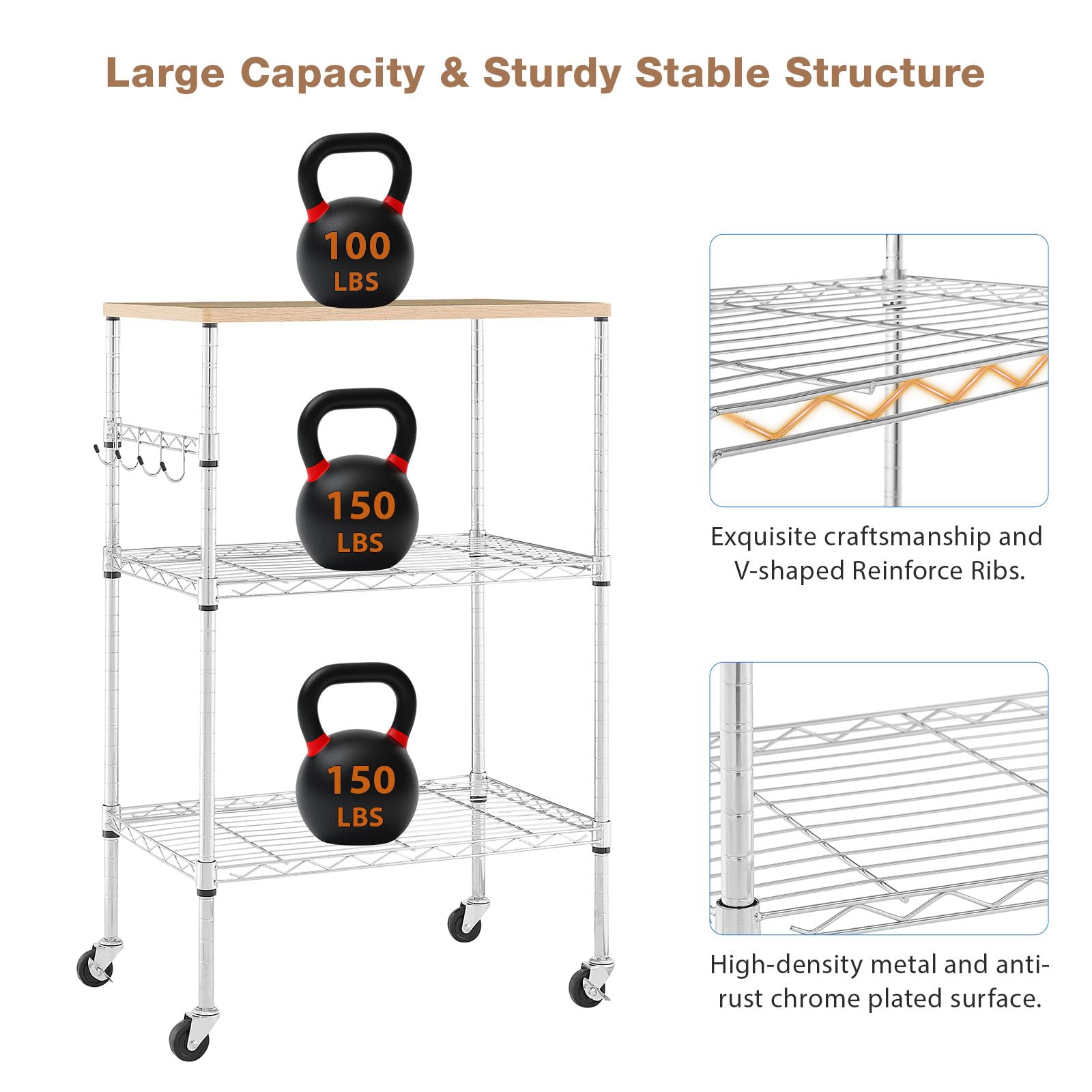 BolDuck 450Lbs Capacity Microwave Cart with Wheels, 3 Tier Rolling Cart with Adjustable Shelves