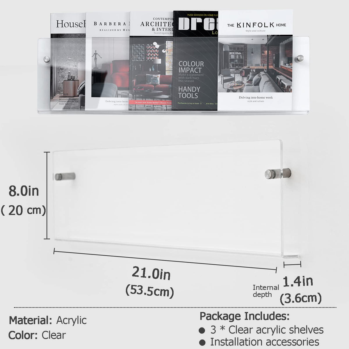 XOHYW Clear Acrylic Brochure Holder Wall Mount 3 Tier, Hanging Bookshelf Magazine Rack Literature