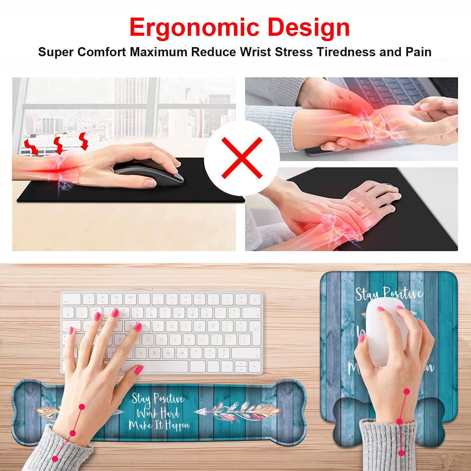 Keyboard Wrist Rest and Mouse Pad Wrist Support Set, Inspirational Quote Stay Positive Work Hard