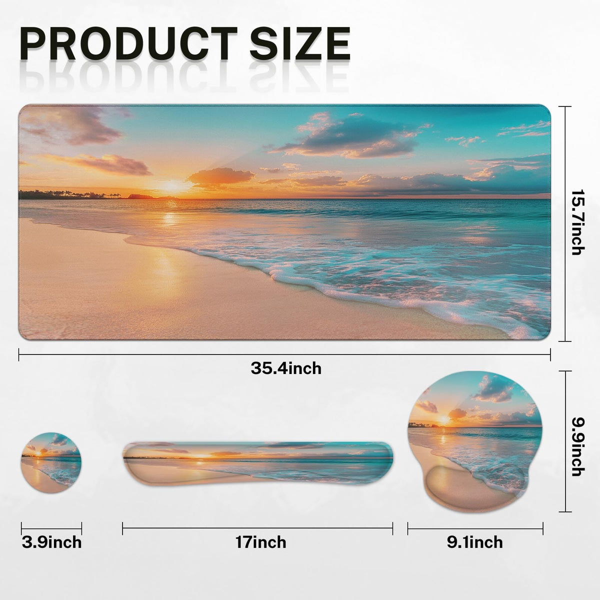 Arttown Keyboard Mouse Pad Set, 4 in 1 Desk Mat Set Ocean Beach