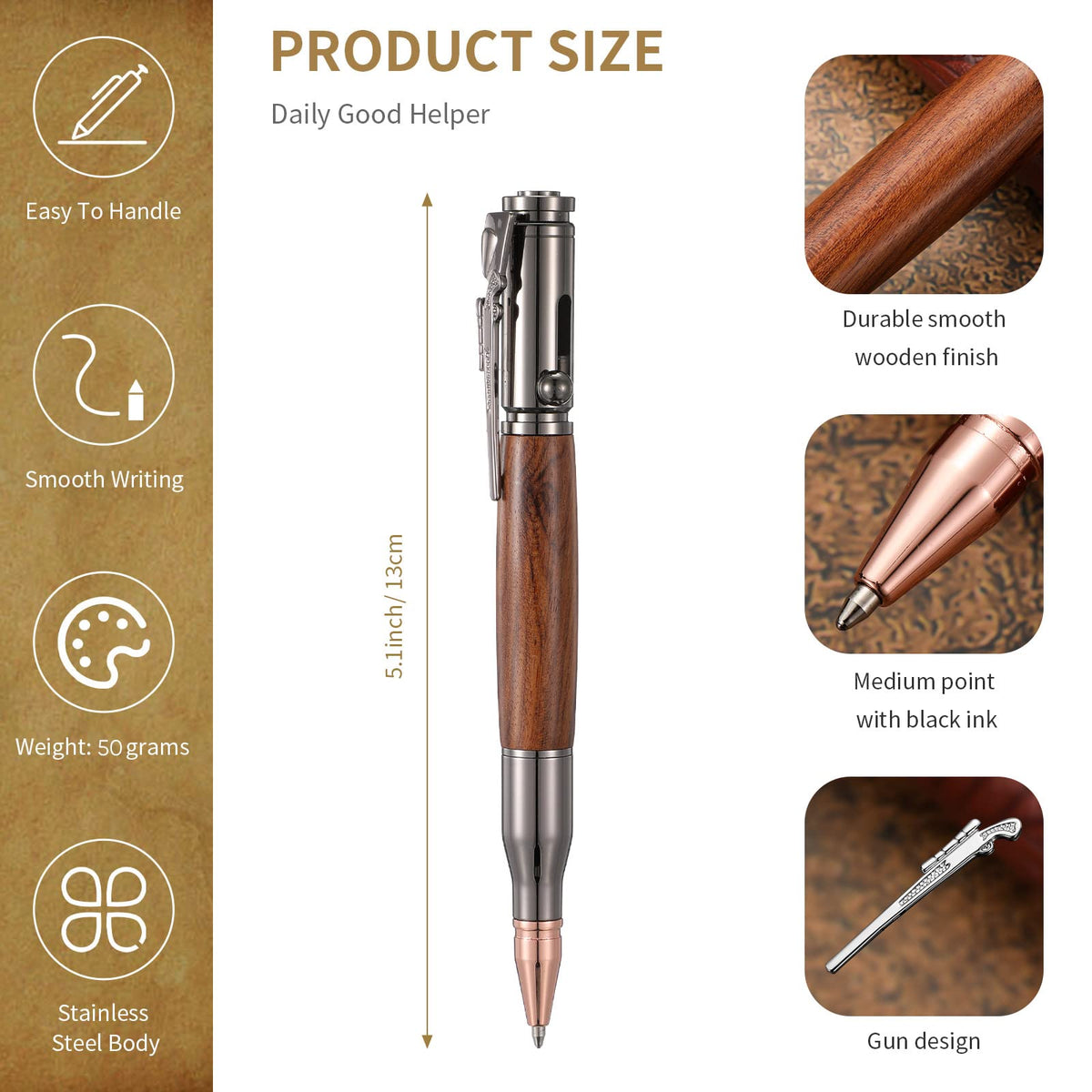 Crtiin 3 Sets Bolt Bullet Pens for Men, Wood Gray Black