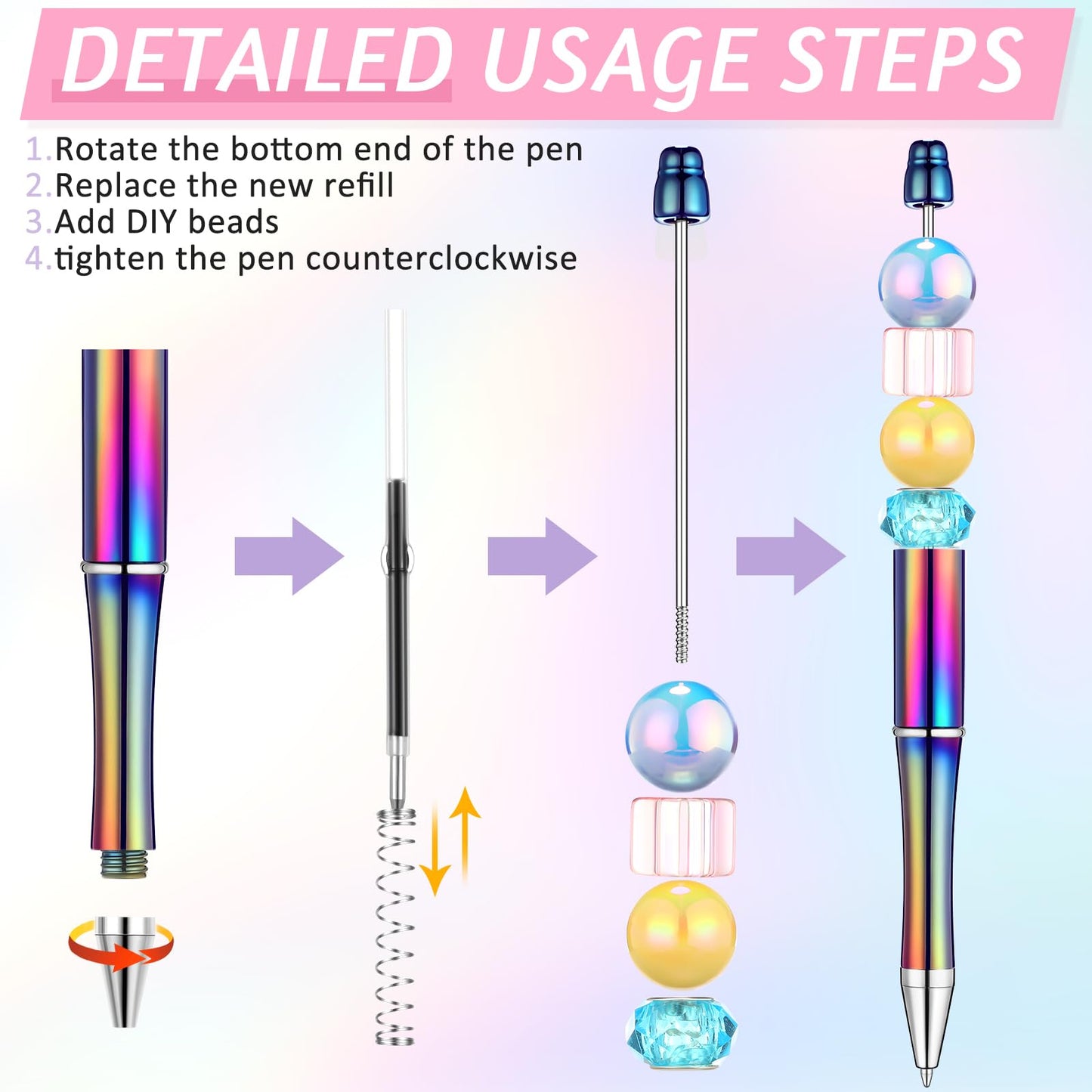 Crtiin 100 Pcs Beadable Pen School DIY Kit,Electroplated Candy Colors