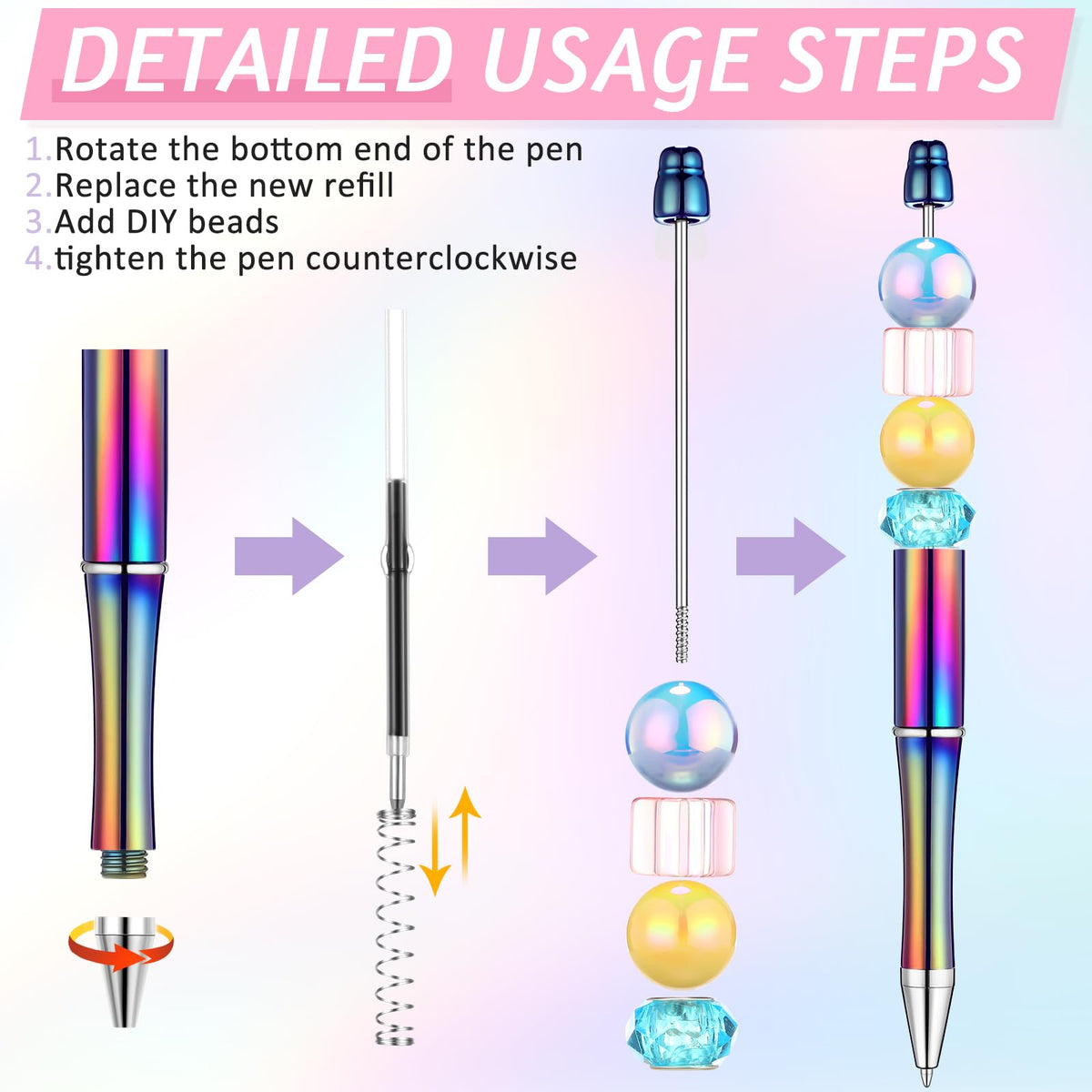 Crtiin 100 Pcs Beadable Pen School DIY Kit,Electroplated Candy Colors