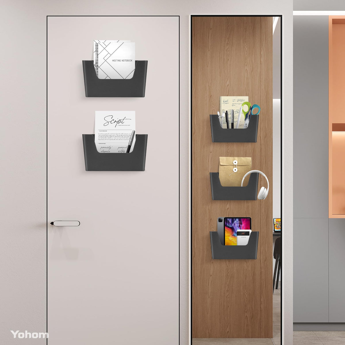 YOHOM Adhesive File Holder Plastic Document Folder Door No Drilling Mount Mail Magazine Organizer