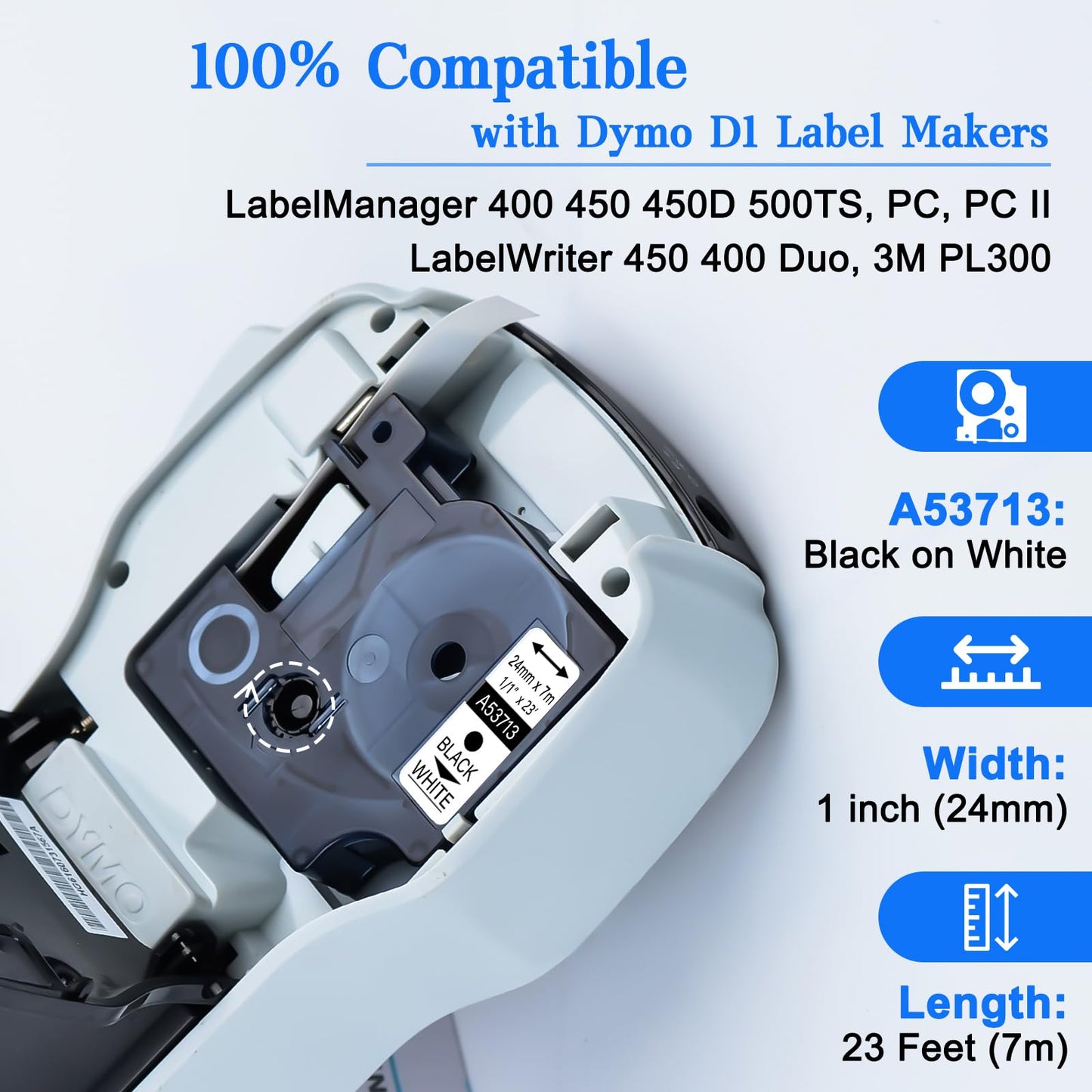 GREENCYCLE Label Maker Tape 53713 S0720930 Compatible for DYMO D1 Cartridge 1" (24mm) x 23ft (7m)
