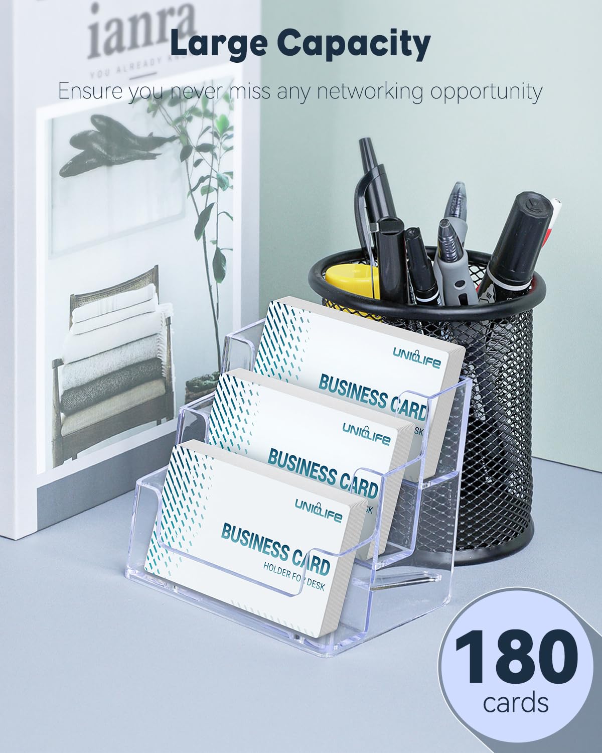 Uniclife 4 Pack Acrylic Business Card Holder for Desk, 180 Card Capacity