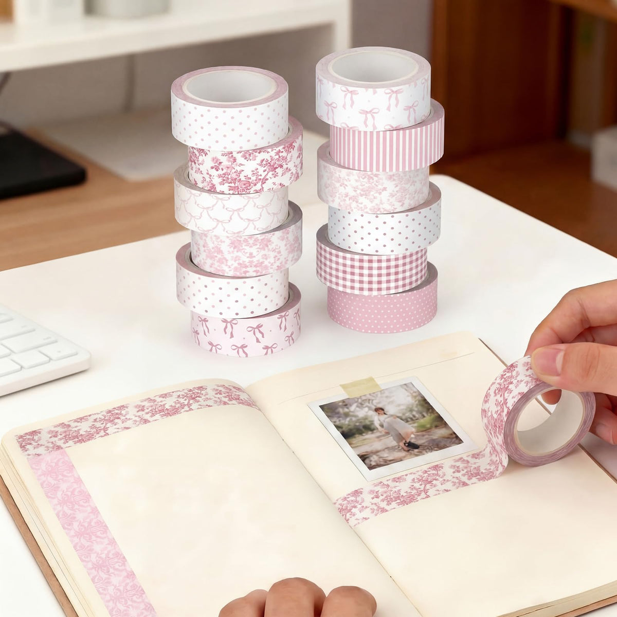 YooNotee 12 Rolls Floral Washi Tape Set,Pink,Bows and Polka Dots