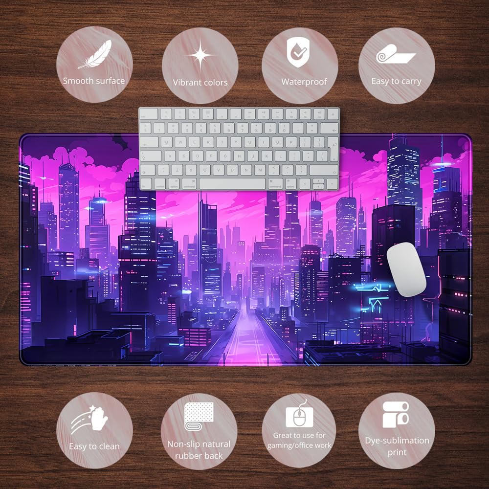 Cyberpunk Neon Purple City Gaming Desk Mouse Pad XL Pink Extended Mouse Pad Gaming, Keyboard Pc