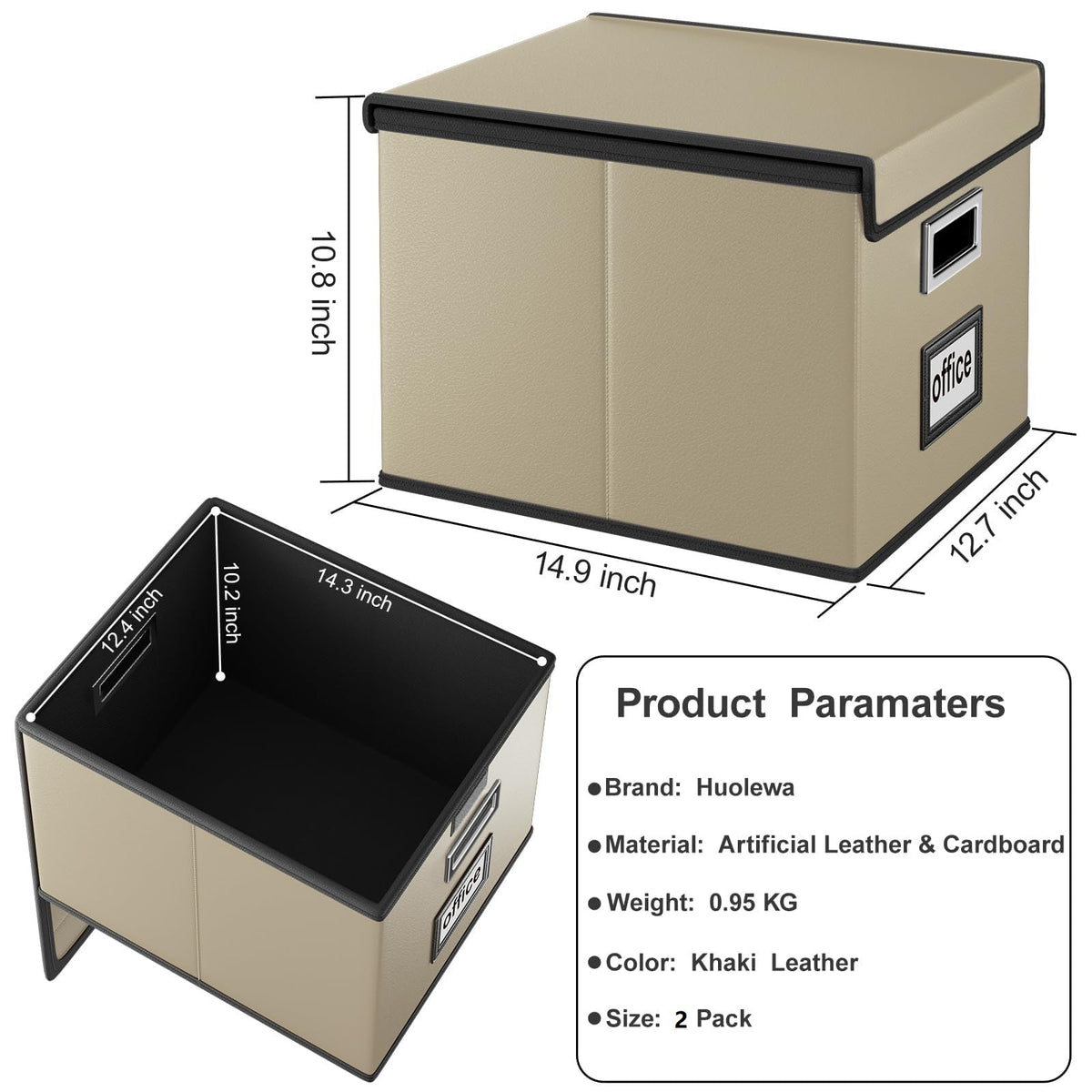 Huolewa Foldable File Organizer Box with Lids (2 Pack, Khaki, Leather)