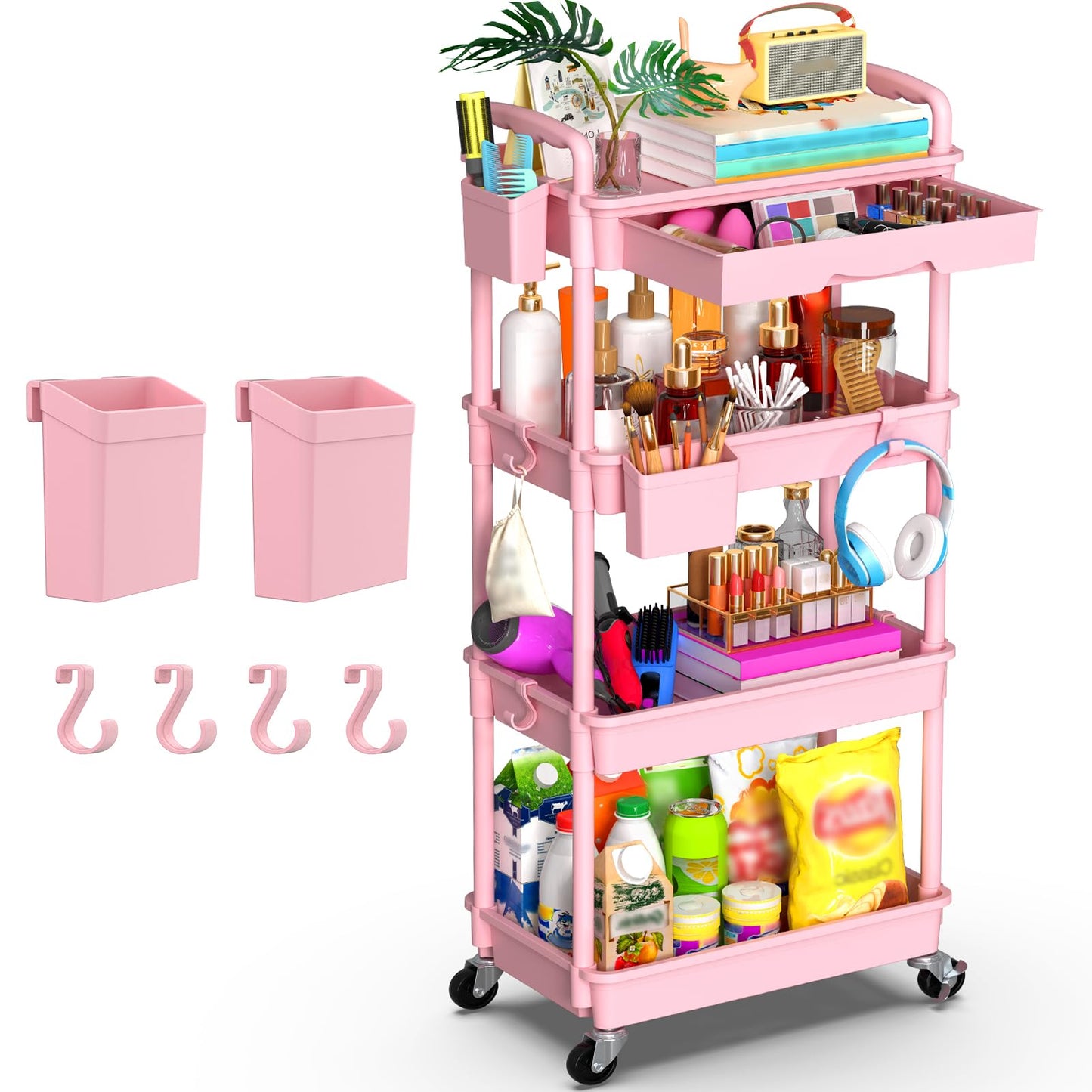 Goovilla 4 Tier Rolling Utility Cart Organizer with Removable Drawer, Pink
