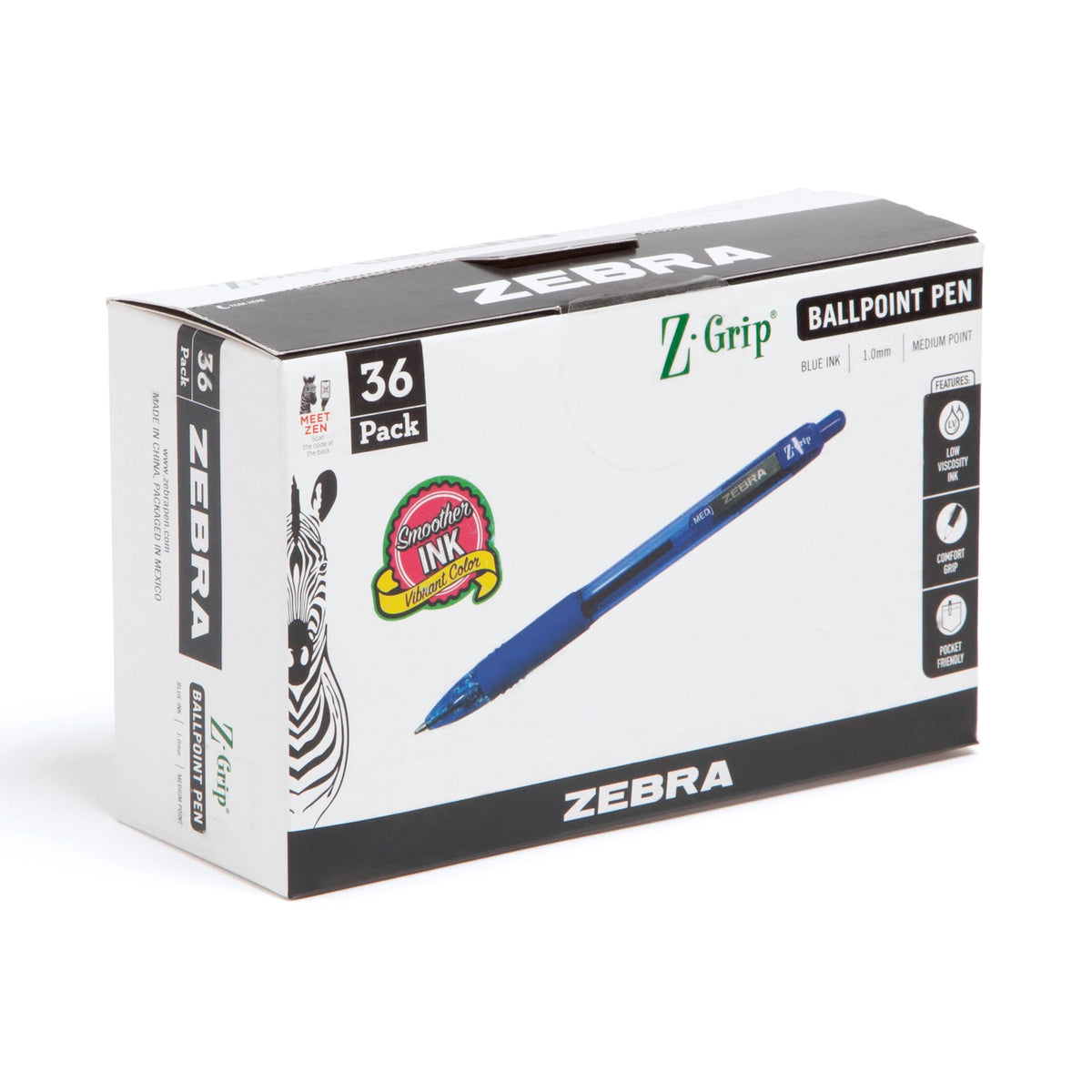 Zebra Pen Z-Grip Retractable Ballpoint Pen, Blue Ink, 1.0mm, 36 Bulk-Pack