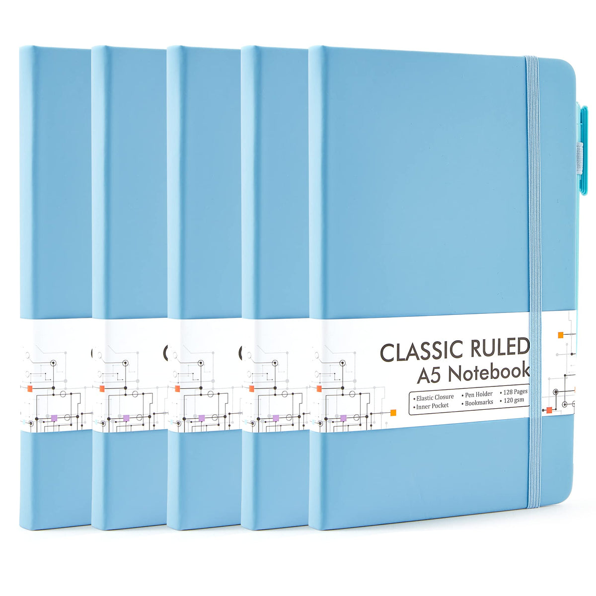 feela 5 Pack Notebooks Journals Bulk, Hardcover Classic Ruled Lined Journals with Pen Holder for