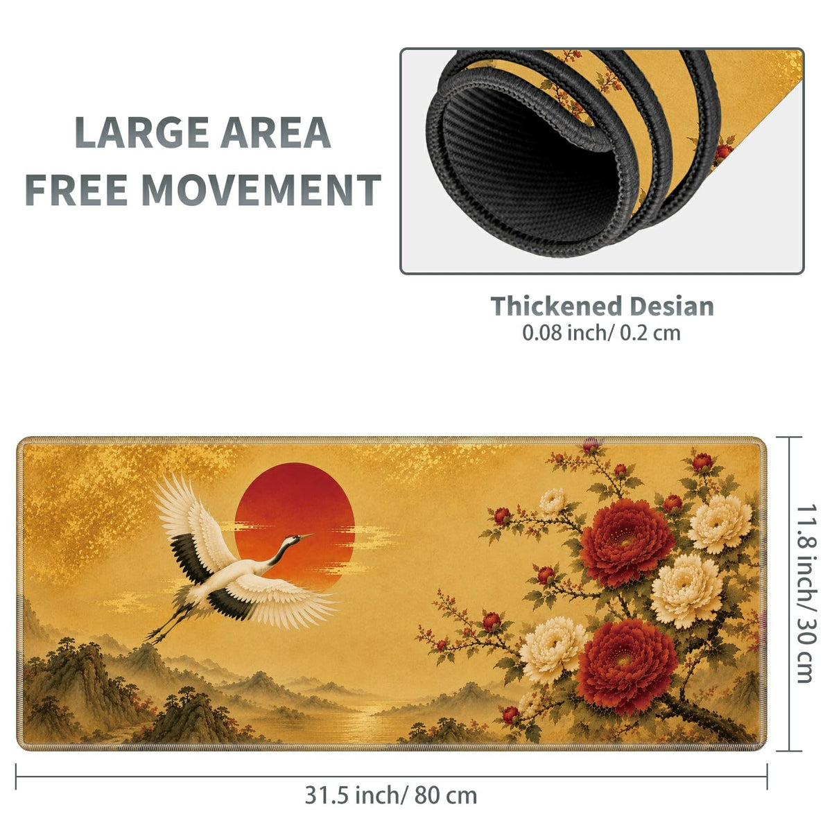 Crane Peony Sunrise Large Mouse Pad, 31.5 x 11.8 in Extended Desk Mat