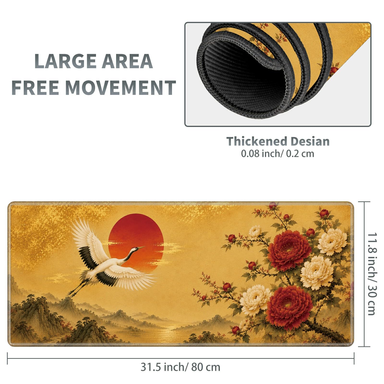 Crane Peony Sunrise Large Mouse Pad, 31.5 x 11.8 in Extended Desk Mat