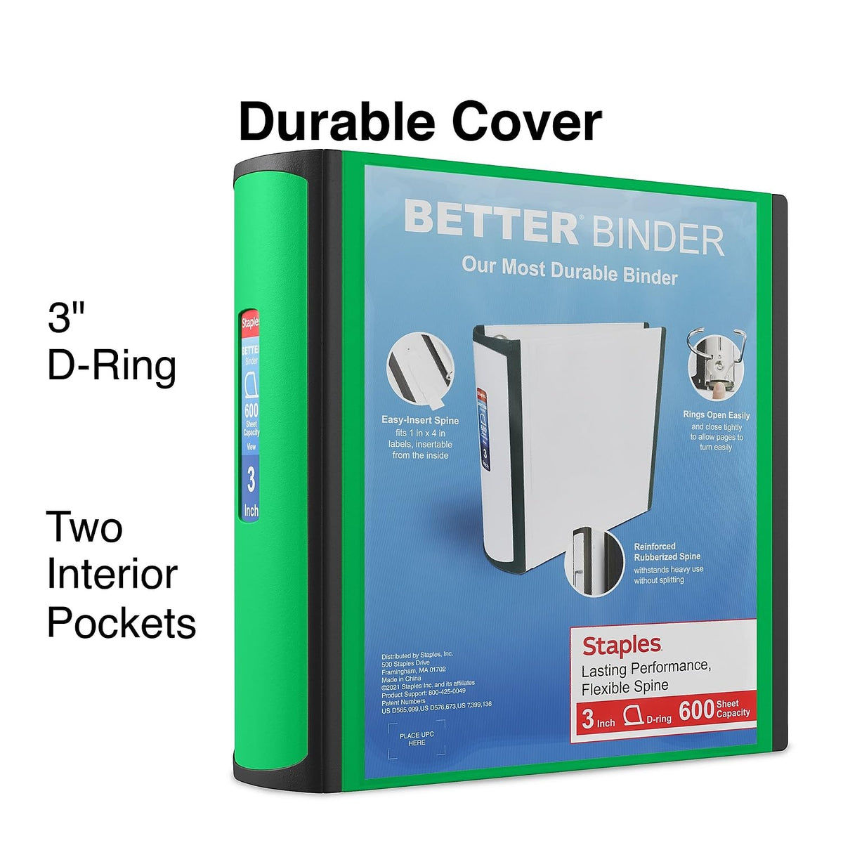 Staples Better Binder, 3 Inch D-Ring, Green, 600 Sheets, 2-Pack