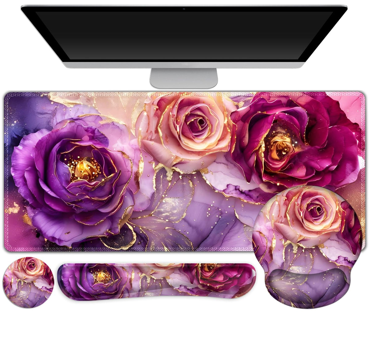 Gaming Mouse Pad Large Desk Mat, Cute Purple Marble Rose Desk Pad Protector