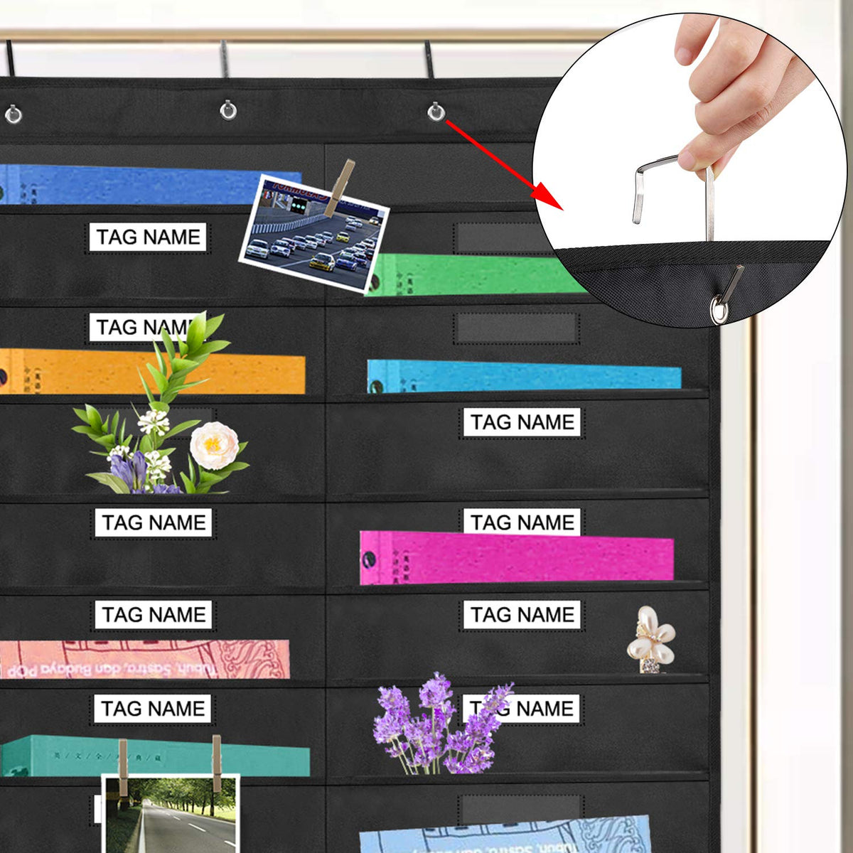 Sinzip Heavy Duty 20 Pocket Door Hanging File Organizer with Name Tag Holders, Black Wall Storage