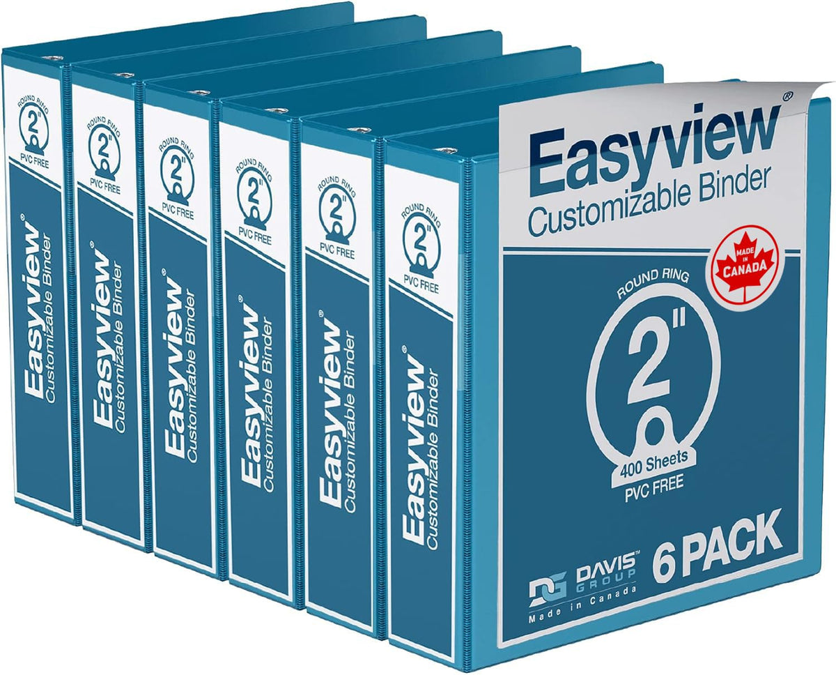 Easyview 3-Ring Binder, Clear-View Cover, 2" Round Rings, Turquoise, 6 Pack