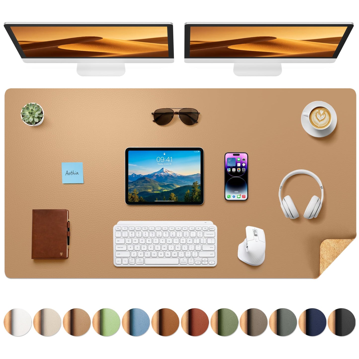 Aothia Cork Desk Mat - Dual-Sided XL PU Leather Desk Pad & Full Desk Protector, Large Waterproof