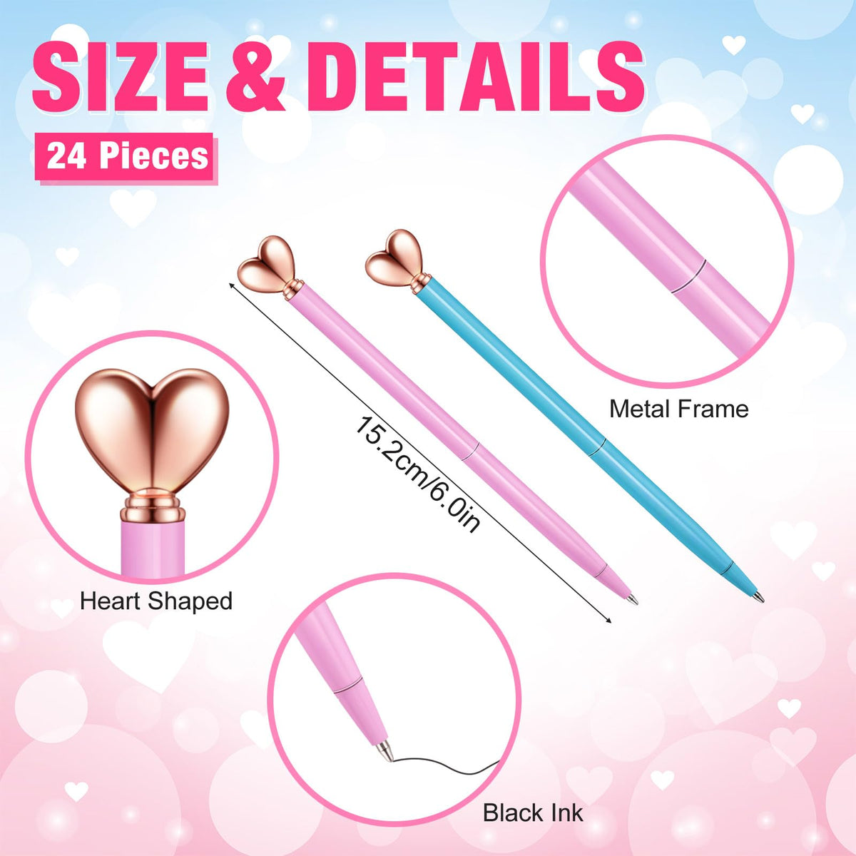 Thenshop Pink 24 Pcs Heart Shaped Pens Retractable Metal Cute Pens 1.0 mm Black Ink Ballpoint