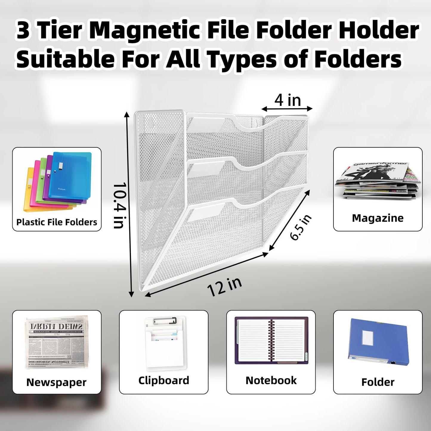 LQPAFZ 3-Tier Magnetic File Holder, No Drilling Installation File Cabinet Organizer, White Magnetic