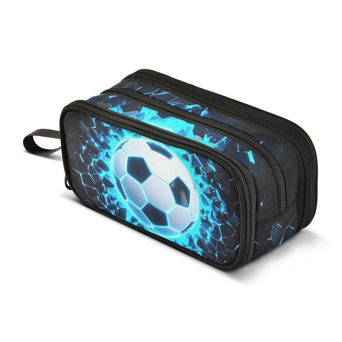 BOENLE 3D Soccer Football Blue Pencil Case Box Boys Girls Large Pencil Pouch Zipper Compartments