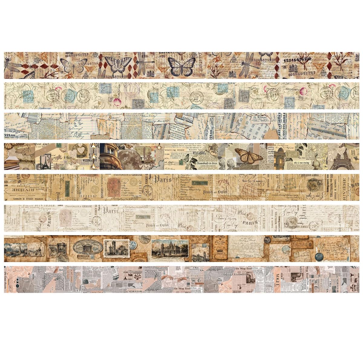 YUBX Vintage Washi Tape Set 8 Rolls Thin Retro Decorative Antique Patterns Masking Tapes for Arts