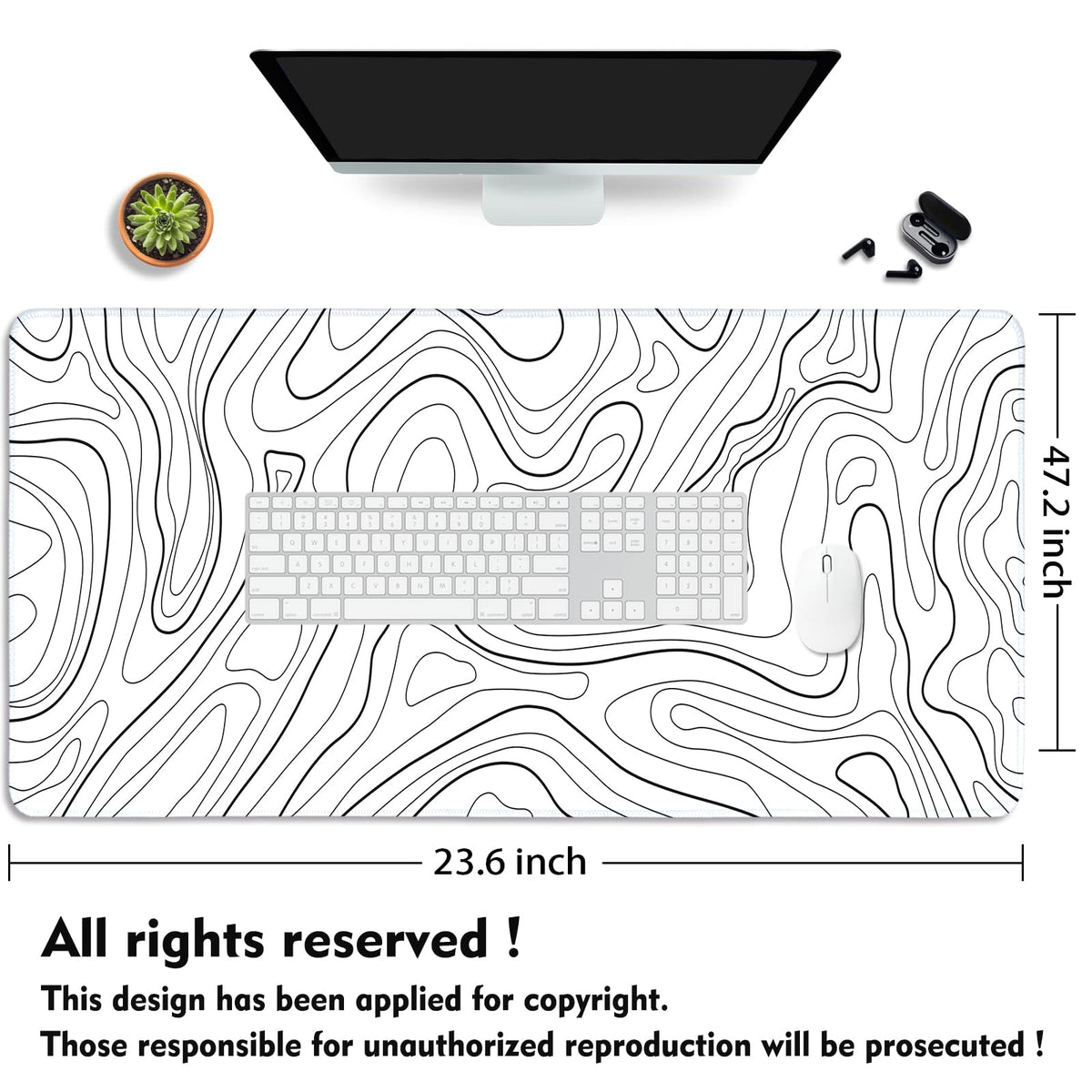 White Topographic Mouse Pad XXXL - Giant Full Desk Gaming Mat, Huge Keyboard Pad for Ultimate