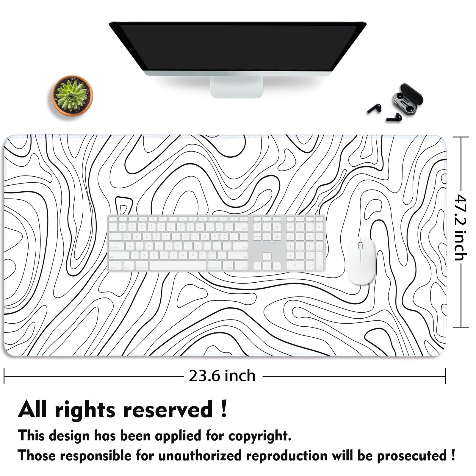 White Topographic Mouse Pad XXXL - Giant Full Desk Gaming Mat, Huge Keyboard Pad for Ultimate