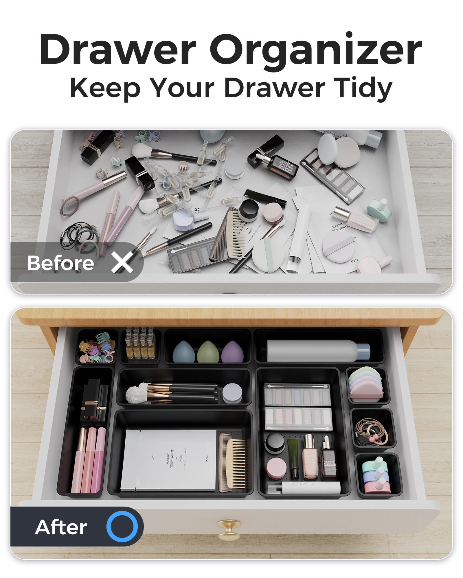 BiuLeon 25 PCS Plastic Drawer Organizers Set, 4-Sizes Vanity and Makeup Organizer, Desk and