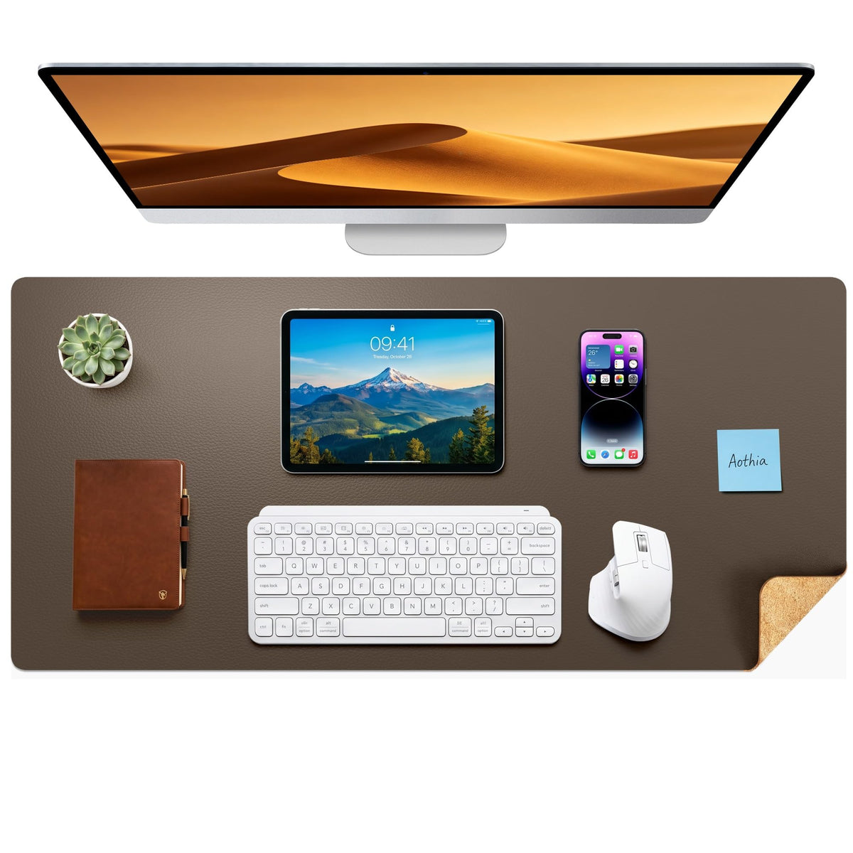 Aothia Dual-Sided Desk Pad - Leather Desk Mat, Natural Cork Desk Pad Protector, Large Mouse Pad for