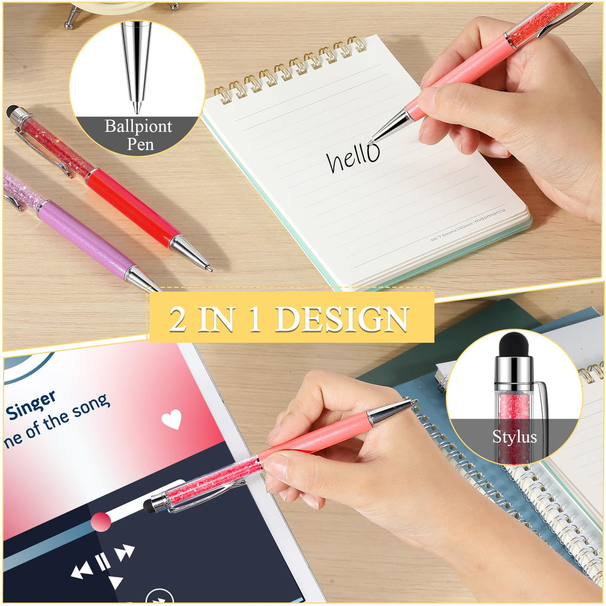 HESTYA 26 Pcs Crystal Stylus Ballpoint Pens 2-in-1 for Women, Warm Colors