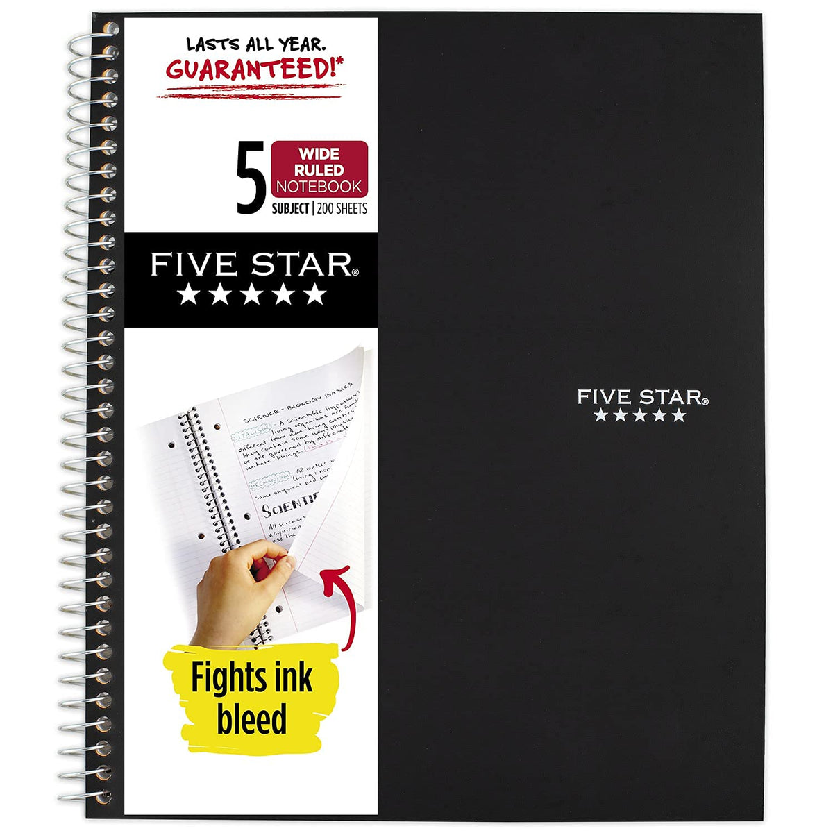 Five Star Spiral Notebook, 5 Subject, Wide Ruled Paper, Fights Ink Bleed, Water Resistant Cover, 8"