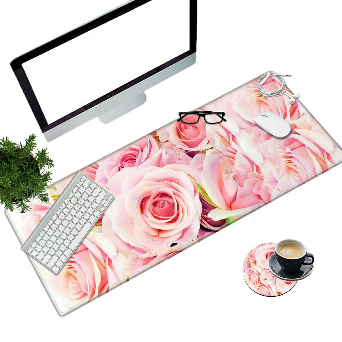 BEOTIWAD Large Mouse Pad with Cup Coaster, Pink Rose