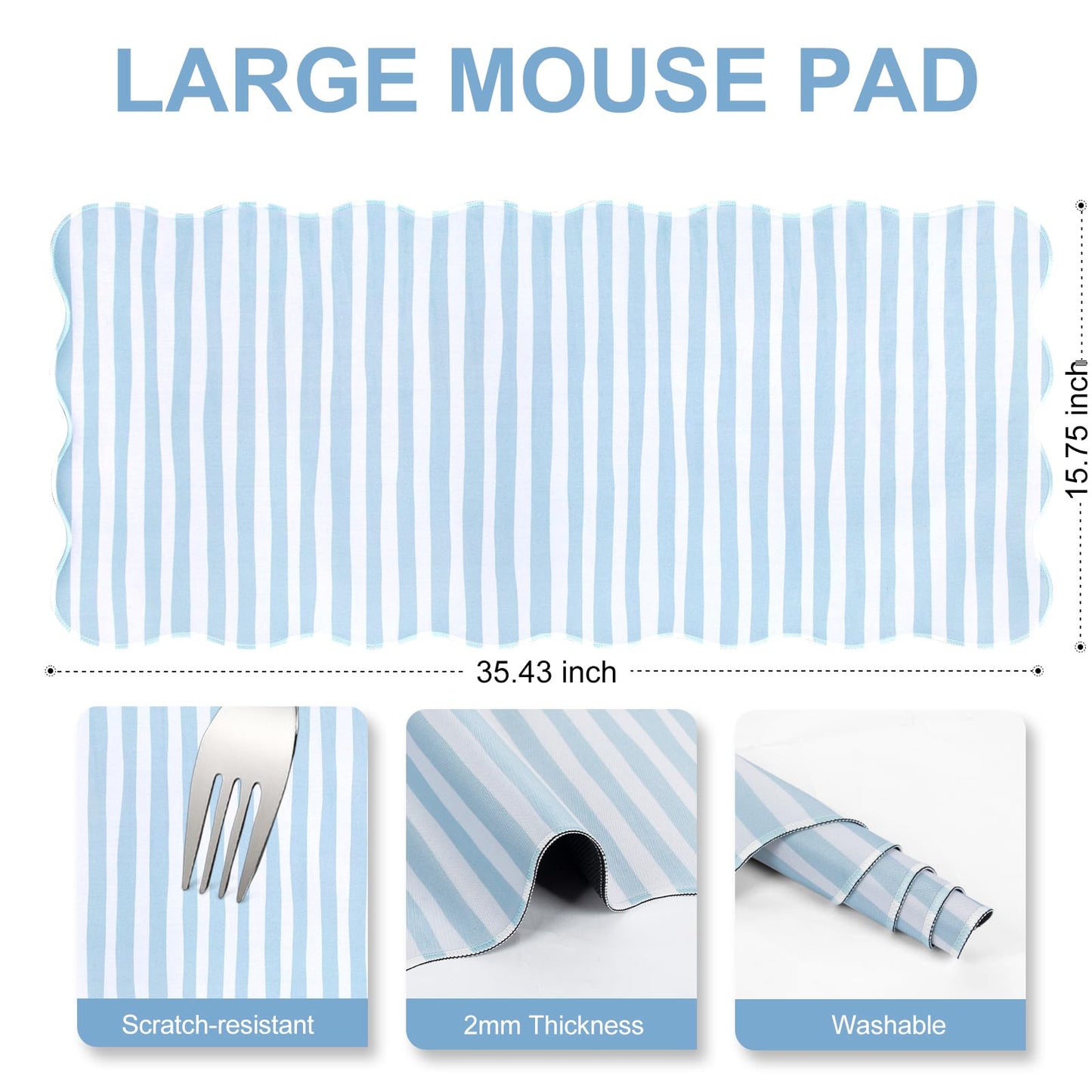 L-SPOUTTO Blue Striped Mouse Pad,Scalloped Desk Mat XXL Large Geometric Gaming Mousepad,35.4x15.7in