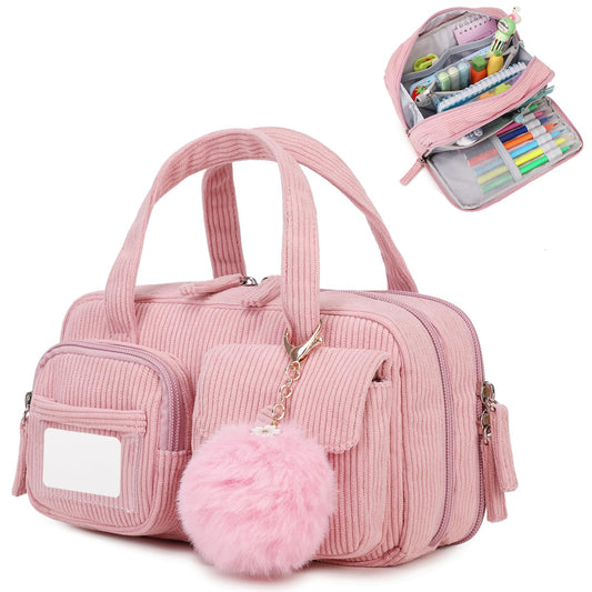 QIXIHU Pencil Case Corduroy Multiple Compartments Pouch Bag for Girl, Pink
