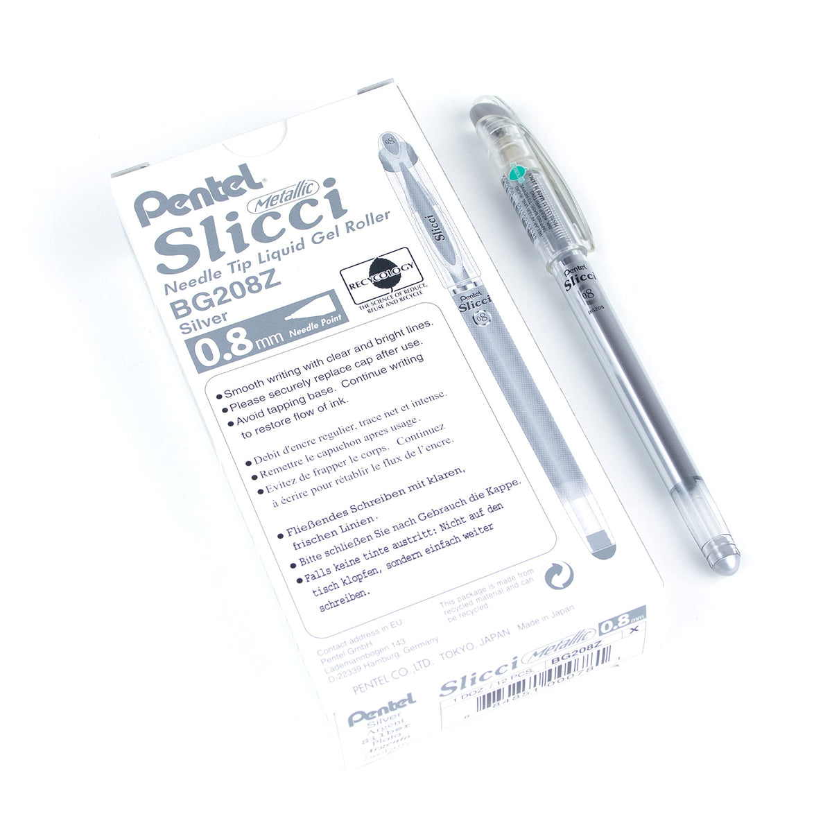 Pentel Arts Slicci 0.8mm Needle Tip, Medium Gel Pen, Silver Metallic Ink (BG208-Z), 12 Pack